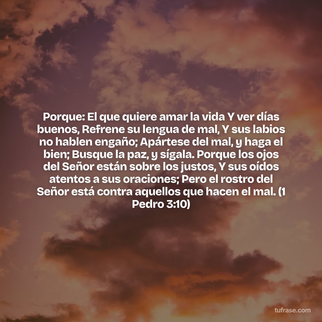 Porque: El que quiere amar la vida Y ver días buenos, Refrene su lengua de mal, Y sus labios no hablen engaño; Apártese del mal, y haga el bien; Busque la paz, y sígala. Porque los ojos del Señor están sobre los justos, Y sus oídos atentos a sus oraciones; Pero el rostro del Señor está contra aquellos que hacen el mal. (1 Pedro 3:10)