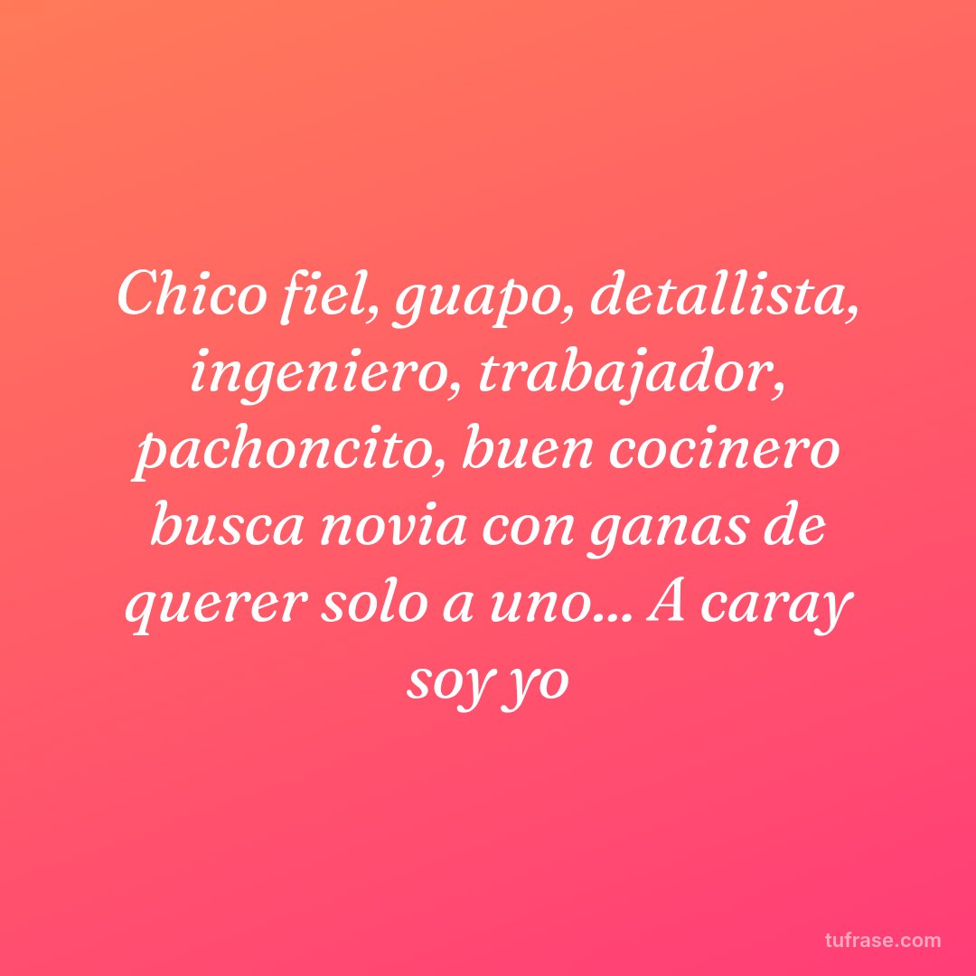 Chico fiel, guapo, detallista, ingeniero, trabajador, pachoncito, buen cocinero busca novia con ganas de querer solo a uno... A caray soy yo