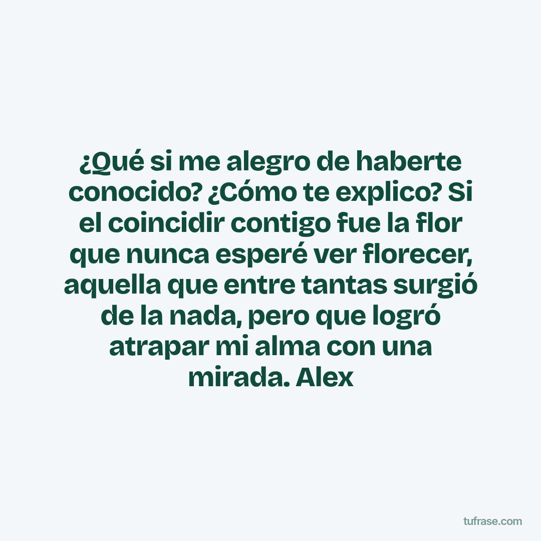 ¿Qué si me alegro de haberte conocido? ¿Cómo te explico? Si el coincidir contigo fue la flor que nunca esperé ver florecer, aquella que entre tantas surgió de la nada, pero que logró atrapar mi alma con una mirada. Alex