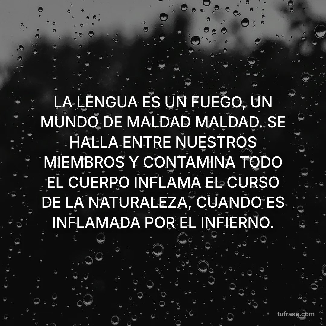 LA LENGUA ES UN FUEGO, UN MUNDO DE MALDAD MALDAD. SE HALLA ENTRE NUESTROS MIEMBROS Y CONTAMINA TODO EL CUERPO INFLAMA EL CURSO DE LA NATURALEZA, CUANDO ES INFLAMADA POR EL INFIERNO.