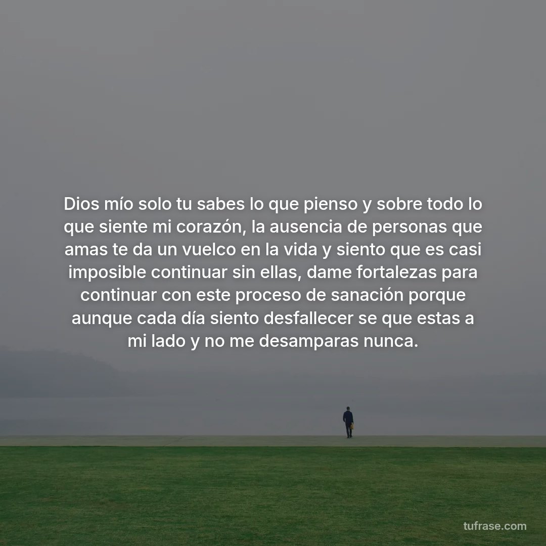 Dios mío solo tu sabes lo que pienso y sobre todo lo que siente mi corazón, la ausencia de personas que amas te da un vuelco en la vida y siento que es casi imposible continuar sin ellas, dame fortalezas para continuar con este proceso de sanación porque aunque cada día siento desfallecer se que estas a mi lado y no me desamparas nunca.