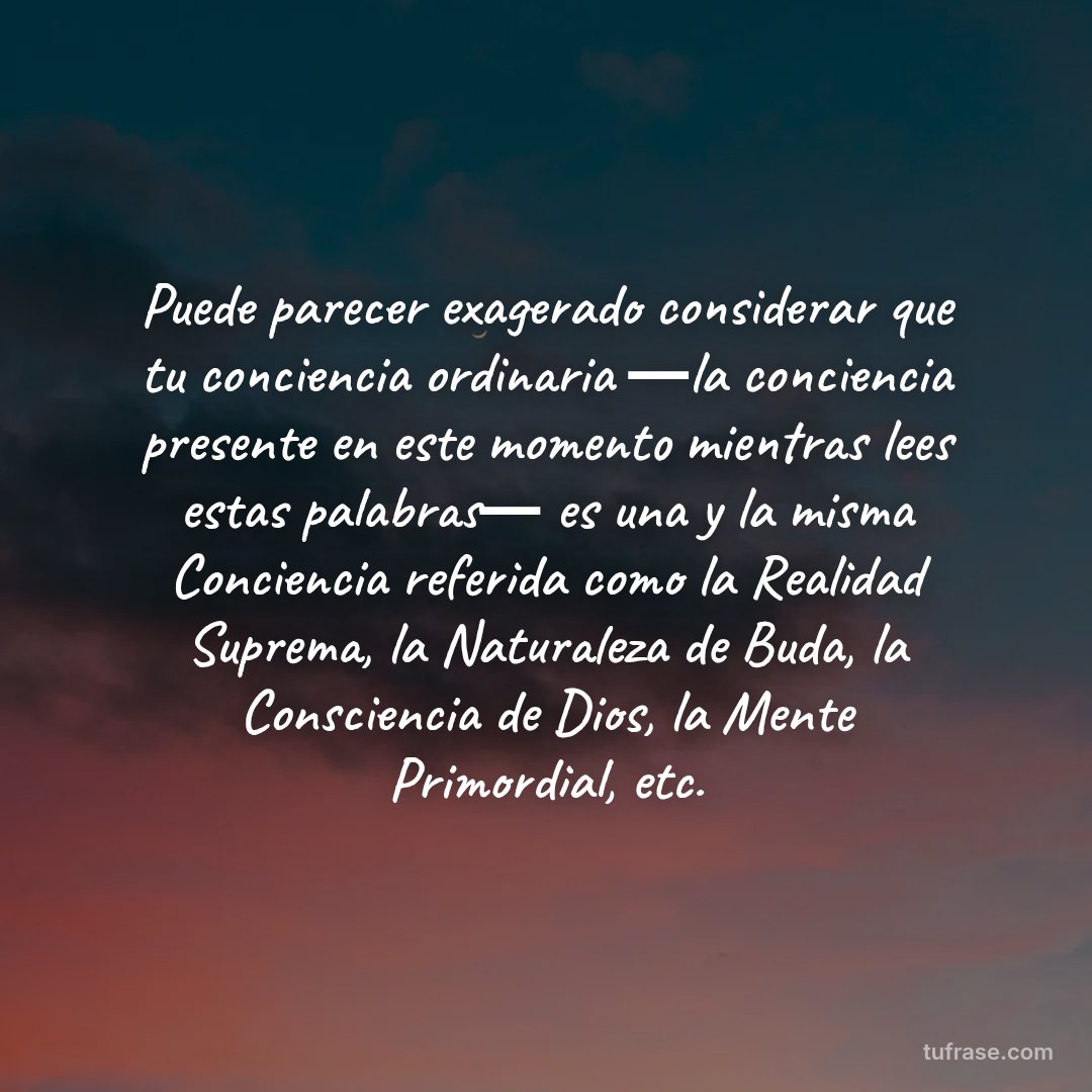Puede parecer exagerado considerar que tu conciencia ordinaria ―la conciencia presente en este momento mientras lees estas palabras― es una y la misma Conciencia referida como la Realidad Suprema, la Naturaleza de Buda, la Consciencia de Dios, la Mente Primordial, etc.