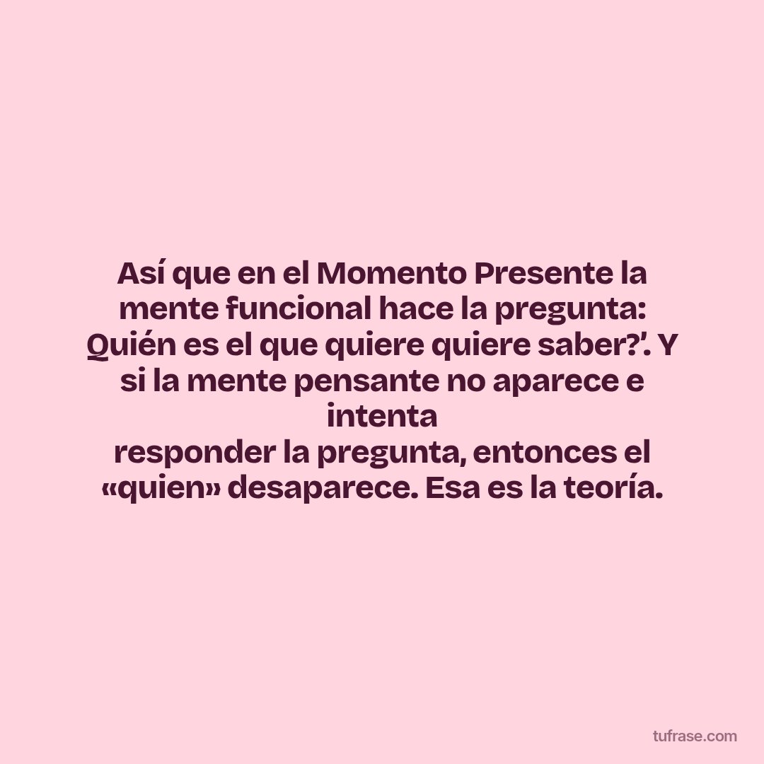Así que en el Momento Presente la mente funcional hace la pregunta: Quién es el que quiere quiere saber?’. Y si la mente pensante no aparece e intenta responder la pregunta, entonces el «quien» desaparece. Esa es la teoría.