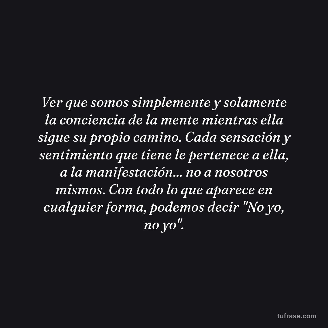 Ver que somos simplemente y solamente la conciencia de la mente mientras ella sigue su propio camino. Cada sensación y sentimiento que tiene le pertenece a ella, a la manifestación... no a nosotros mismos. Con todo lo que aparece en cualquier forma, podemos decir "No yo, no yo".