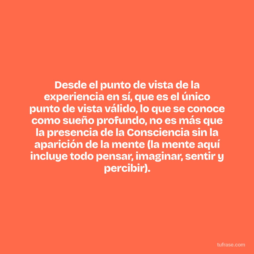 Desde el punto de vista de la experiencia en sí, que es el único punto de vista válido, lo que se conoce como sueño profundo, no es más que la presencia de la Consciencia sin la aparición de la mente (la mente aquí incluye todo pensar, imaginar, sentir y percibir).