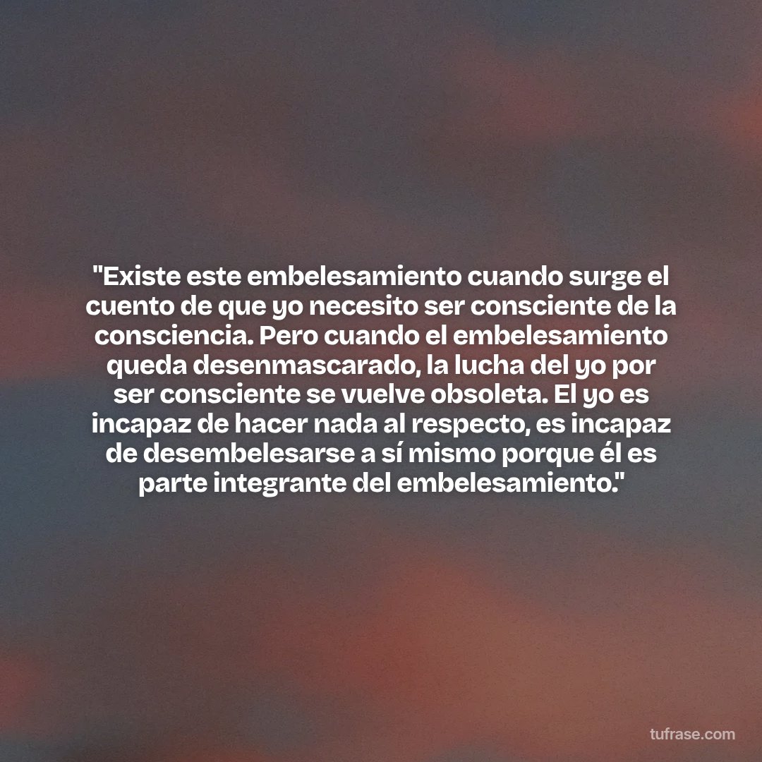 "Existe este embelesamiento cuando surge el cuento de que yo necesito ser consciente de la consciencia. Pero cuando el embelesamiento queda desenmascarado, la lucha del yo por ser consciente se vuelve obsoleta. El yo es incapaz de hacer nada al respecto, es incapaz de desembelesarse a sí mismo porque él es parte integrante del embelesamiento."