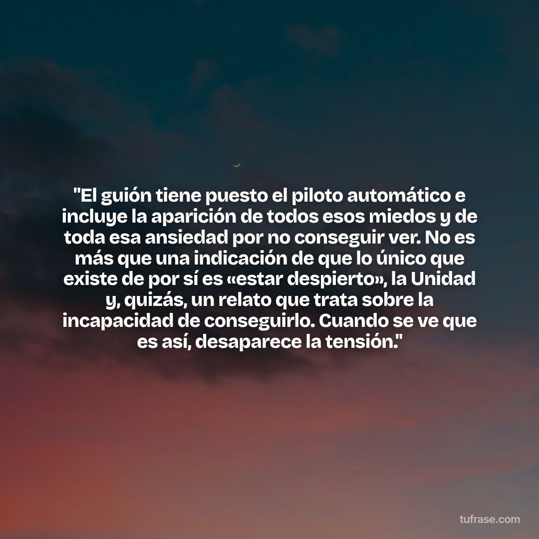 "El guión tiene puesto el piloto automático e incluye la aparición de todos esos miedos y de toda esa ansiedad por no conseguir ver. No es más que una indicación de que lo único que existe de por sí es «estar despierto», la Unidad y, quizás, un relato que trata sobre la incapacidad de conseguirlo. Cuando se ve que es así, desaparece la tensión."