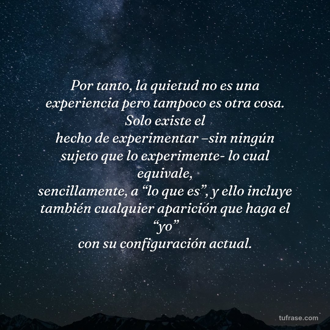 Por tanto, la quietud no es una experiencia pero tampoco es otra cosa. Solo existe el hecho de experimentar –sin ningún sujeto que lo experimente- lo cual equivale, sencillamente, a “lo que es”, y ello incluye también cualquier aparición que haga el “yo” con su configuración actual.
