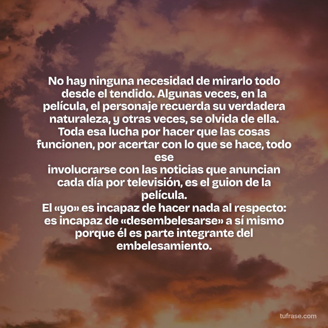No hay ninguna necesidad de mirarlo todo desde el tendido. Algunas veces, en la película, el personaje recuerda su verdadera naturaleza, y otras veces, se olvida de ella. Toda esa lucha por hacer que las cosas funcionen, por acertar con lo que se hace, todo ese involucrarse con las noticias que anuncian cada día por televisión, es el guion de la película. El «yo» es incapaz de hacer nada al respecto: es incapaz de «desembelesarse» a sí mismo porque él es parte integrante del embelesamiento.