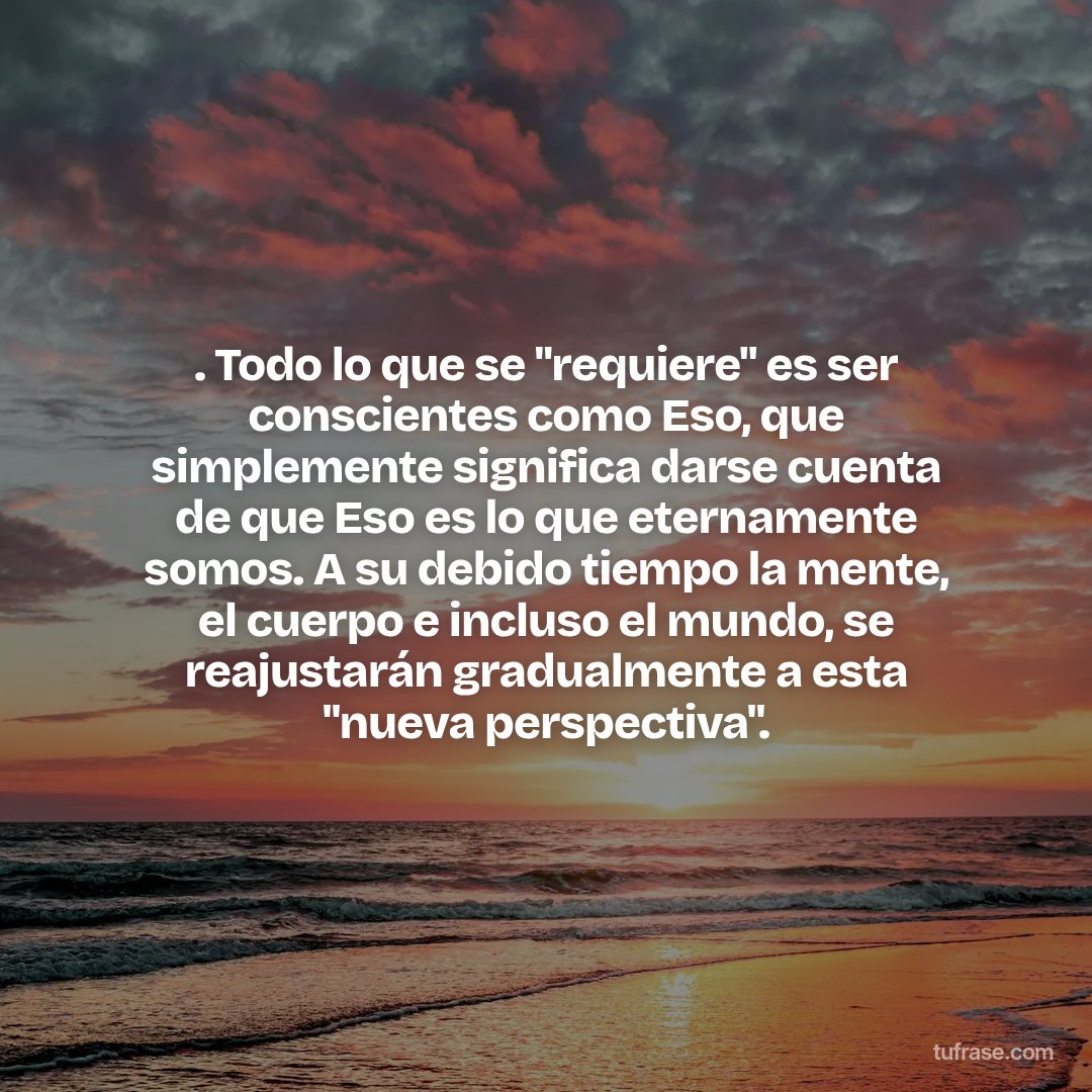. Todo lo que se "requiere" es ser conscientes como Eso, que simplemente significa darse cuenta de que Eso es lo que eternamente somos. A su debido tiempo la mente, el cuerpo e incluso el mundo, se reajustarán gradualmente a esta "nueva perspectiva".