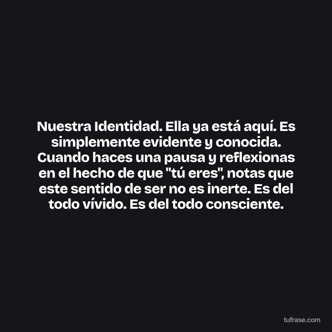 Nuestra Identidad. Ella ya está aquí. Es simplemente evidente y conocida. Cuando haces una pausa y reflexionas en el hecho de que "tú eres", notas que este sentido de ser no es inerte. Es del todo vívido. Es del todo consciente.