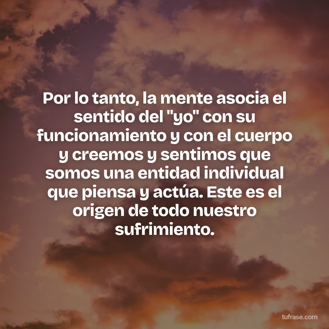 Por lo tanto, la mente asocia el sentido del "yo" con su funcionamiento y con el cuerpo y creemos y sentimos que somos una entidad individual que piensa y actúa. Este es el origen de todo nuestro sufrimiento.