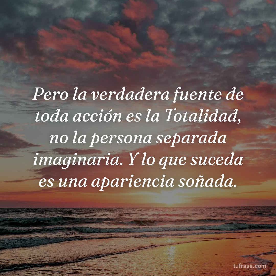 Pero la verdadera fuente de toda acción es la Totalidad, no la persona separada imaginaria. Y lo que suceda es una apariencia soñada.