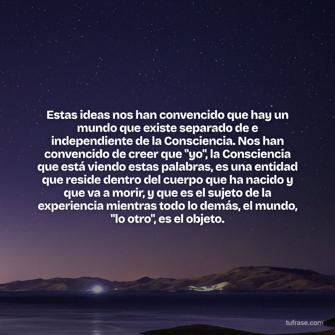 Estas ideas nos han convencido que hay un mundo que existe separado de e independiente de la Consciencia. Nos han convencido de creer que "yo", la Consciencia que está viendo estas palabras, es una entidad que reside dentro del cuerpo que ha nacido y que va a morir, y que es el sujeto de la experiencia mientras todo lo demás, el mundo, "lo otro", es el objeto.