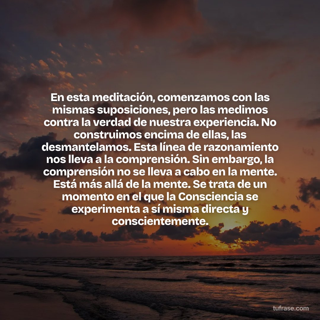 En esta meditación, comenzamos con las mismas suposiciones, pero las medimos contra la verdad de nuestra experiencia. No construimos encima de ellas, las desmantelamos. Esta línea de razonamiento nos lleva a la comprensión. Sin embargo, la comprensión no se lleva a cabo en la mente. Está más allá de la mente. Se trata de un momento en el que la Consciencia se experimenta a sí misma directa y conscientemente.