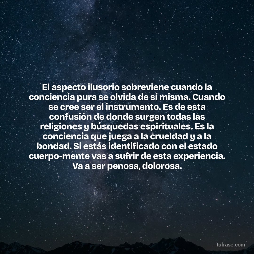 El aspecto ilusorio sobreviene cuando la conciencia pura se olvida de sí misma. Cuando se cree ser el instrumento. Es de esta confusión de donde surgen todas las religiones y búsquedas espirituales. Es la conciencia que juega a la crueldad y a la bondad. Si estás identificado con el estado cuerpo-mente vas a sufrir de esta experiencia. Va a ser penosa, dolorosa.