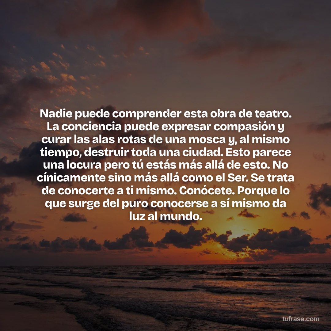 Nadie puede comprender esta obra de teatro. La conciencia puede expresar compasión y curar las alas rotas de una mosca y, al mismo tiempo, destruir toda una ciudad. Esto parece una locura pero tú estás más allá de esto. No cínicamente sino más allá como el Ser. Se trata de conocerte a ti mismo. Conócete. Porque lo que surge del puro conocerse a sí mismo da luz al mundo.