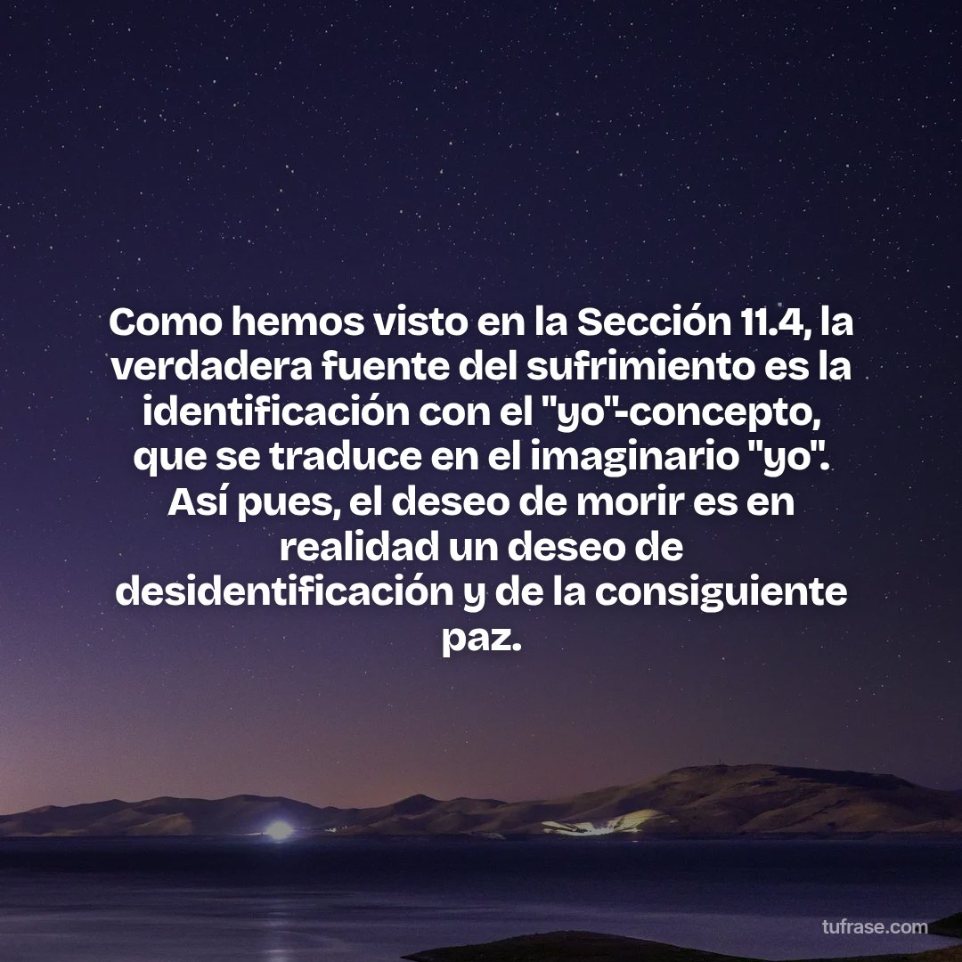 Como hemos visto en la Sección 11.4, la verdadera fuente del sufrimiento es la identificación con el "yo"-concepto, que se traduce en el imaginario "yo". Así pues, el deseo de morir es en realidad un deseo de desidentificación y de la consiguiente paz.