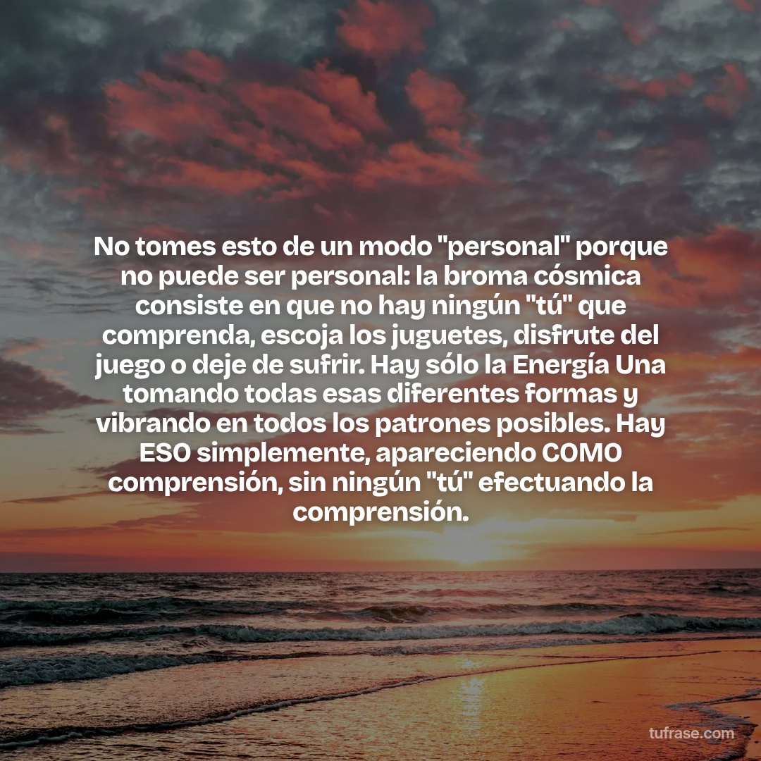 No tomes esto de un modo "personal" porque no puede ser personal: la broma cósmica consiste en que no hay ningún "tú" que comprenda, escoja los juguetes, disfrute del juego o deje de sufrir. Hay sólo la Energía Una tomando todas esas diferentes formas y vibrando en todos los patrones posibles. Hay ESO simplemente, apareciendo COMO comprensión, sin ningún "tú" efectuando la comprensión.