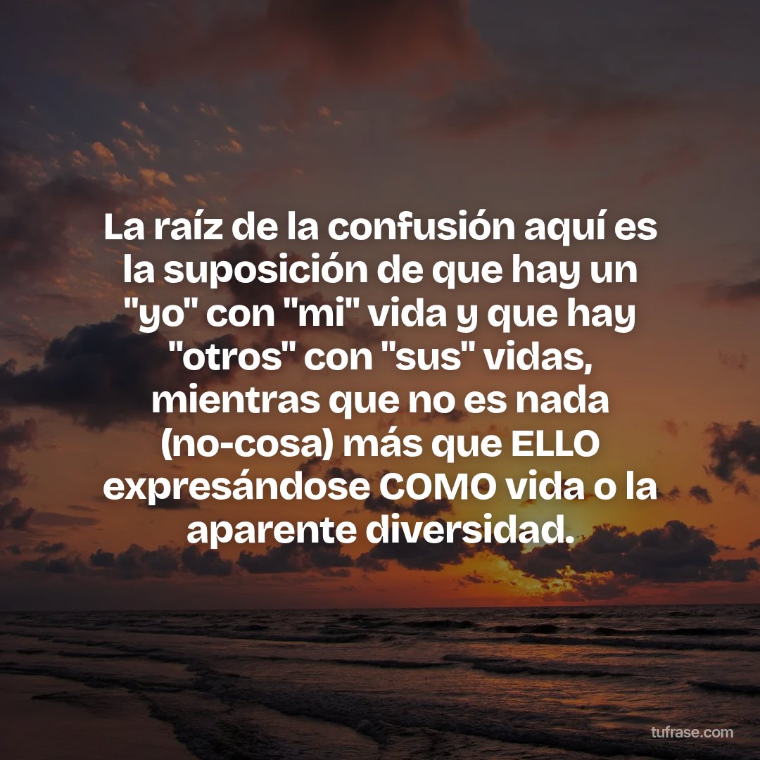 La raíz de la confusión aquí es la suposición de que hay un "yo" con "mi" vida y que hay "otros" con "sus" vidas, mientras que no es nada (no-cosa) más que ELLO expresándose COMO vida o la aparente diversidad.