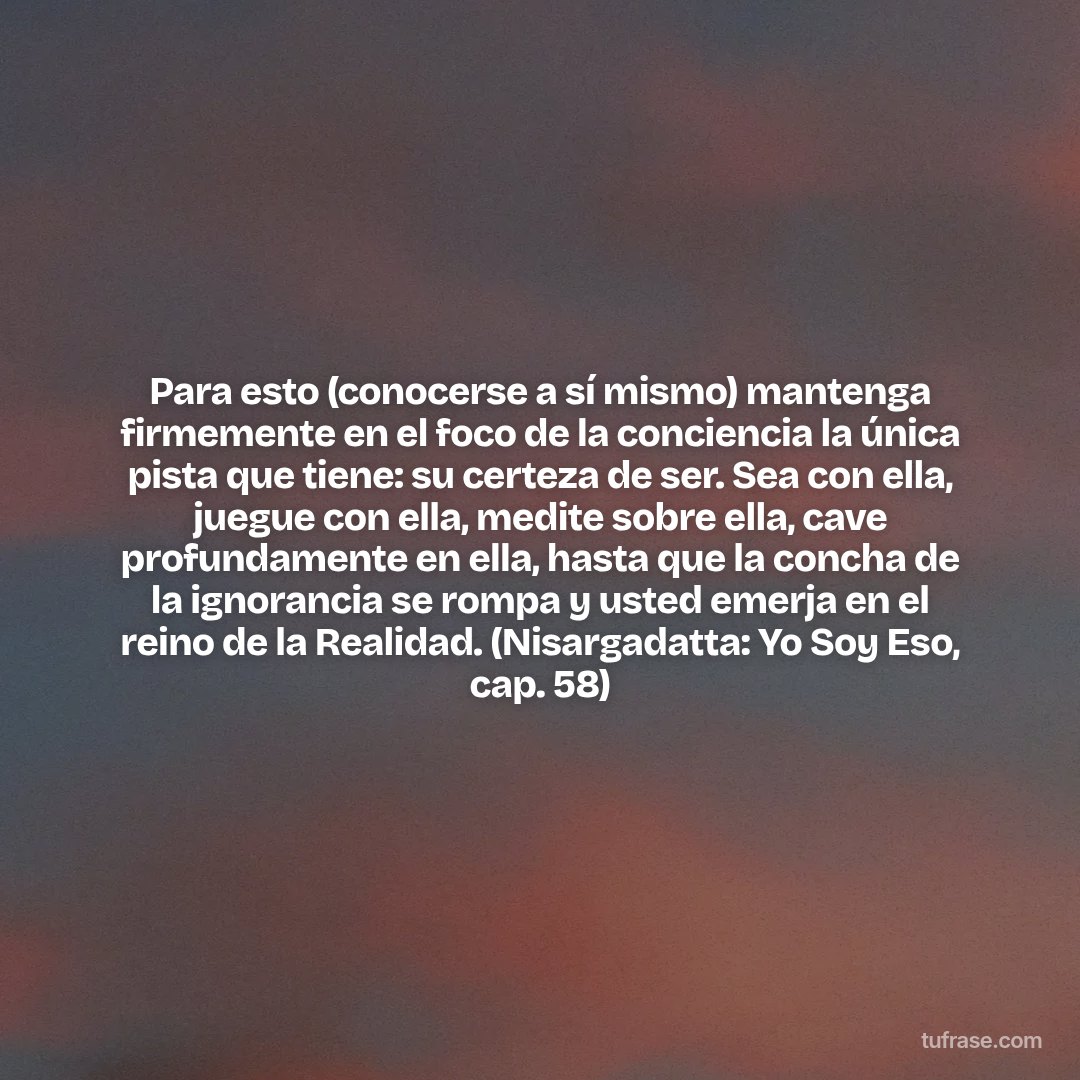 Para esto (conocerse a sí mismo) mantenga firmemente en el foco de la conciencia la única pista que tiene: su certeza de ser. Sea con ella, juegue con ella, medite sobre ella, cave profundamente en ella, hasta que la concha de la ignorancia se rompa y usted emerja en el reino de la Realidad. (Nisargadatta: Yo Soy Eso, cap. 58)