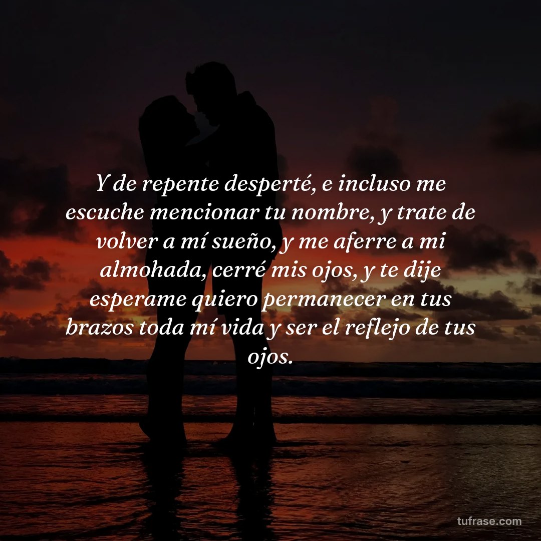 Y de repente desperté, e incluso me escuche mencionar tu nombre, y trate de volver a mí sueño, y me aferre a mi almohada, cerré mis ojos, y te dije esperame quiero permanecer en tus brazos toda mí vida y ser el reflejo de tus ojos.