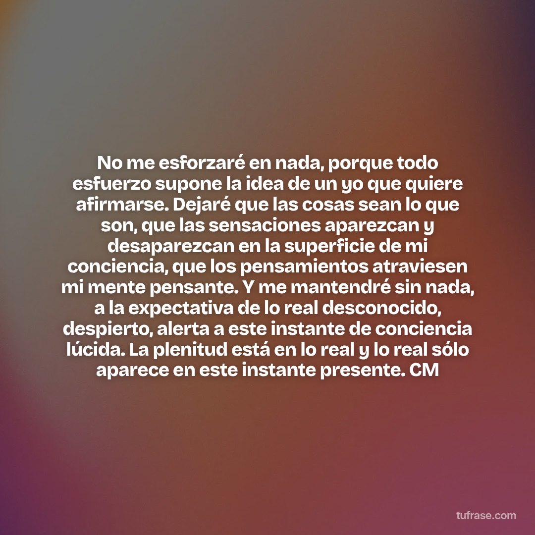 No me esforzaré en nada, porque todo esfuerzo supone la idea de un yo que quiere afirmarse. Dejaré que las cosas sean lo que son, que las sensaciones aparezcan y desaparezcan en la superficie de mi conciencia, que los pensamientos atraviesen mi mente pensante. Y me mantendré sin nada, a la expectativa de lo real desconocido, despierto, alerta a este instante de conciencia lúcida. La plenitud está en lo real y lo real sólo aparece en este instante presente. CM
