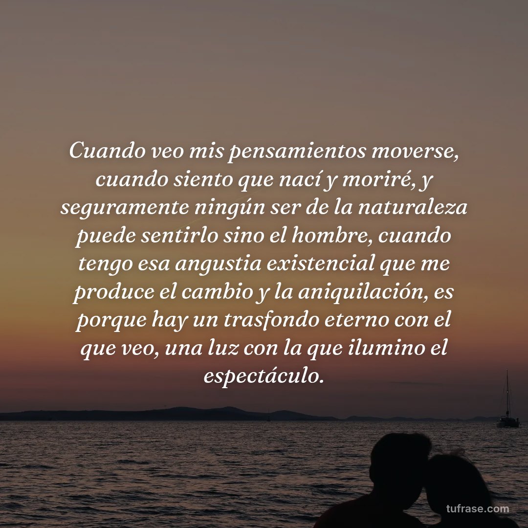 Cuando veo mis pensamientos moverse, cuando siento que nací y moriré, y seguramente ningún ser de la naturaleza puede sentirlo sino el hombre, cuando tengo esa angustia existencial que me produce el cambio y la aniquilación, es porque hay un trasfondo eterno con el que veo, una luz con la que ilumino el espectáculo.