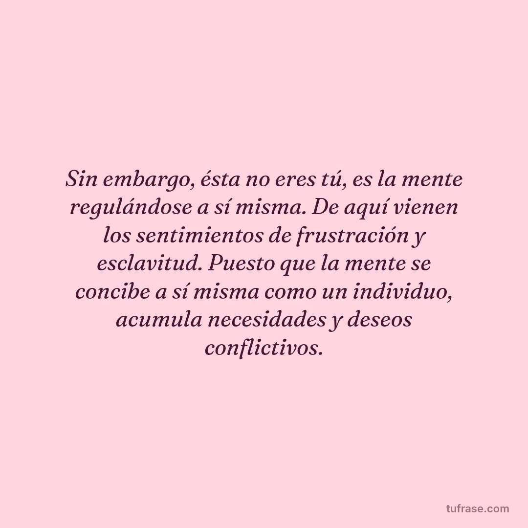 Sin embargo, ésta no eres tú, es la mente regulándose a sí misma. De aquí vienen los sentimientos de frustración y esclavitud. Puesto que la mente se concibe a sí misma como un individuo, acumula necesidades y deseos conflictivos.