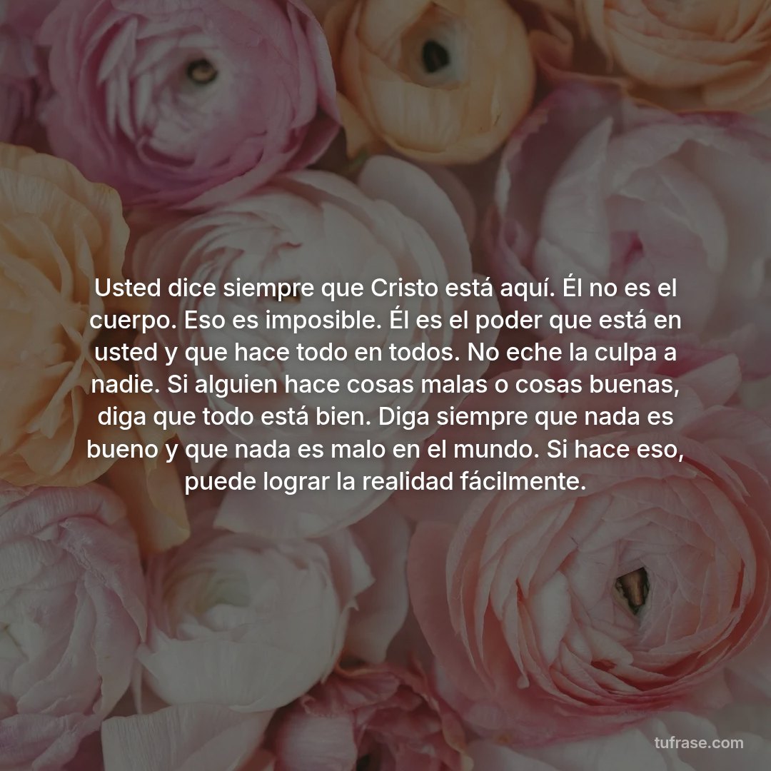 Usted dice siempre que Cristo está aquí. Él no es el cuerpo. Eso es imposible. Él es el poder que está en usted y que hace todo en todos. No eche la culpa a nadie. Si alguien hace cosas malas o cosas buenas, diga que todo está bien. Diga siempre que nada es bueno y que nada es malo en el mundo. Si hace eso, puede lograr la realidad fácilmente.