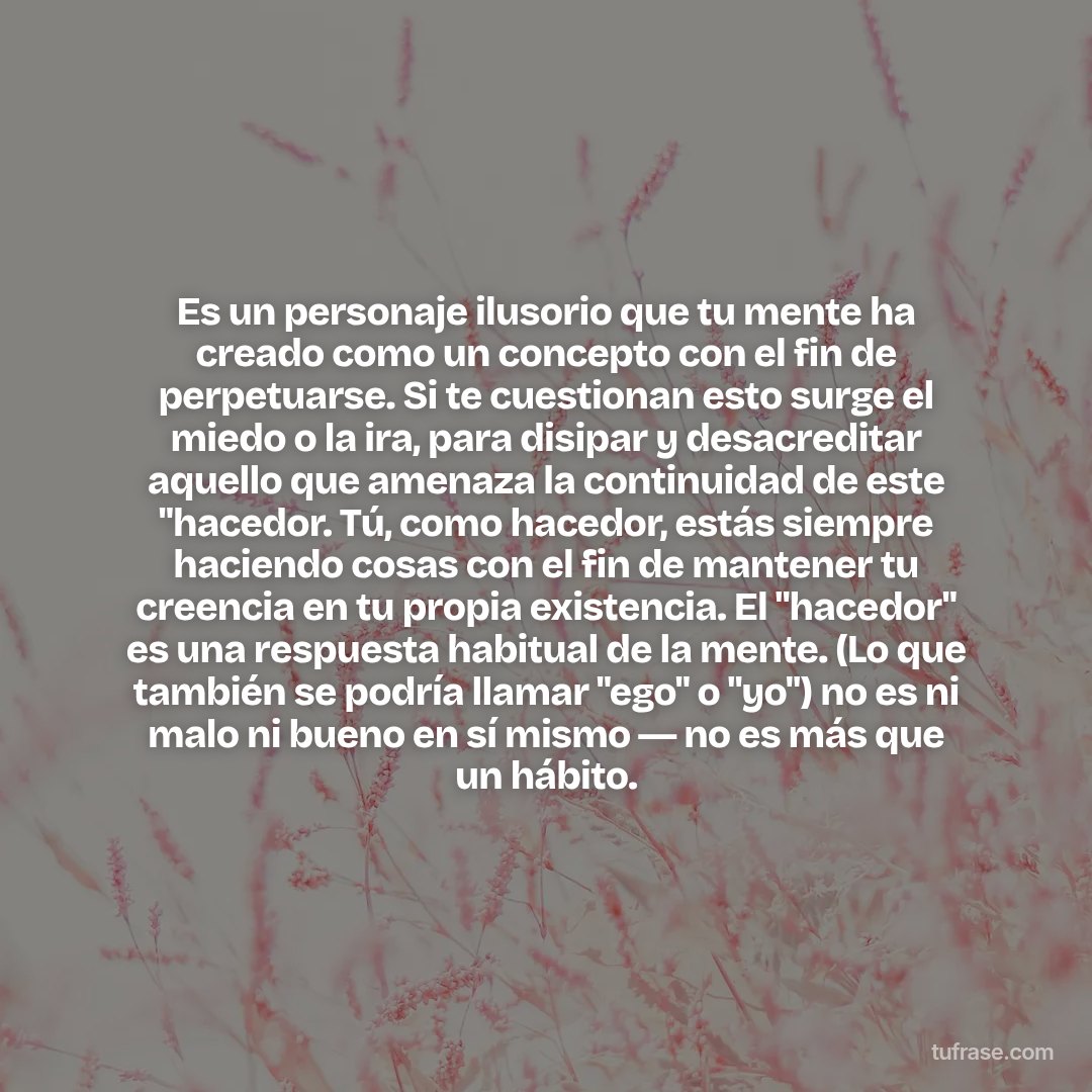 Es un personaje ilusorio que tu mente ha creado como un concepto con el fin de perpetuarse. Si te cuestionan esto surge el miedo o la ira, para disipar y desacreditar aquello que amenaza la continuidad de este "hacedor. Tú, como hacedor, estás siempre haciendo cosas con el fin de mantener tu creencia en tu propia existencia. El "hacedor" es una respuesta habitual de la mente. (Lo que también se podría llamar "ego" o "yo") no es ni malo ni bueno en sí mismo ― no es más que un hábito.