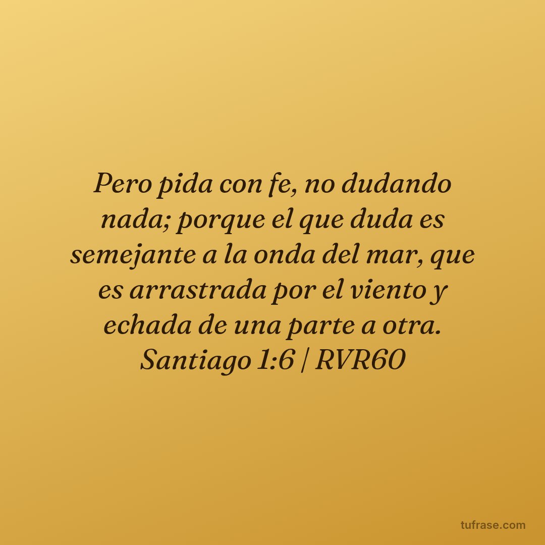 Pero pida con fe, no dudando nada; porque el que duda es semejante a la onda del mar, que es arrastrada por el viento y echada de una parte a otra. Santiago 1:6 | RVR60