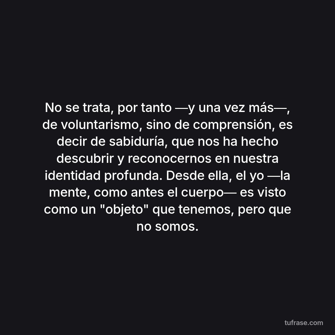 No se trata, por tanto ―y una vez más―, de voluntarismo, sino de comprensión, es decir de sabiduría, que nos ha hecho descubrir y reconocernos en nuestra identidad profunda. Desde ella, el yo ―la mente, como antes el cuerpo― es visto como un "objeto" que tenemos, pero que no somos.