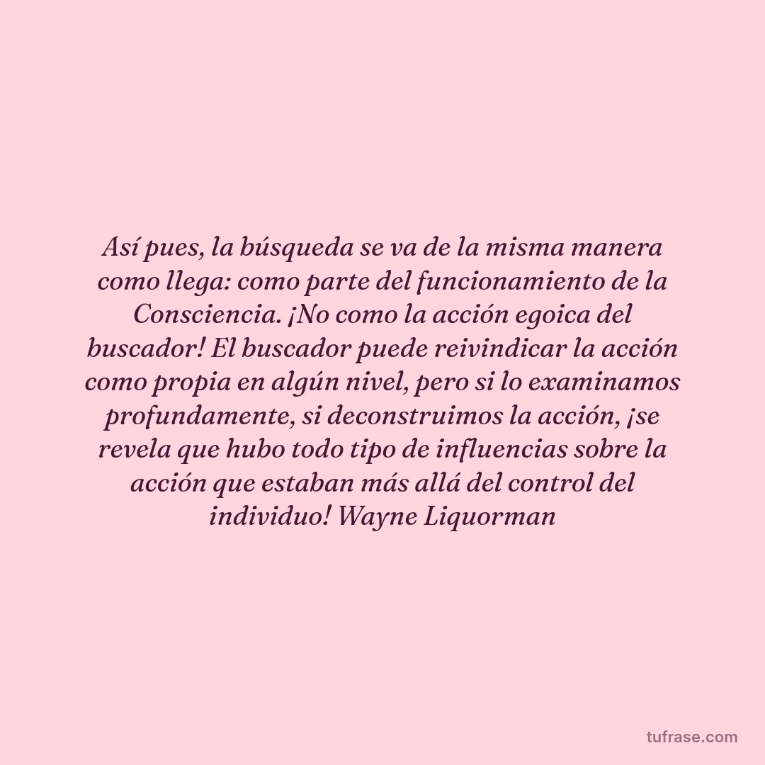Así pues, la búsqueda se va de la misma manera como llega: como parte del funcionamiento de la Consciencia. ¡No como la acción egoica del buscador! El buscador puede reivindicar la acción como propia en algún nivel, pero si lo examinamos profundamente, si deconstruimos la acción, ¡se revela que hubo todo tipo de influencias sobre la acción que estaban más allá del control del individuo! Wayne Liquorman