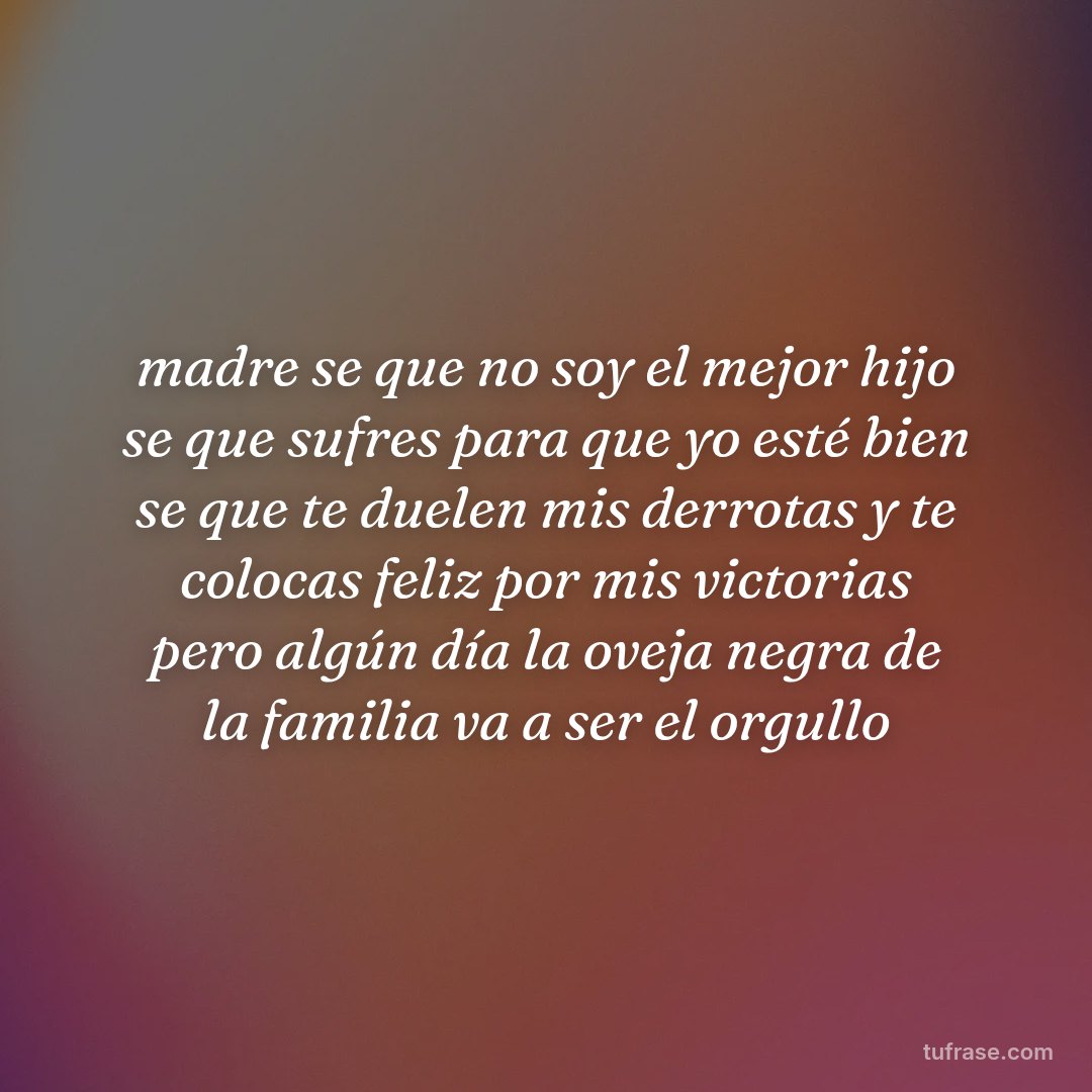 madre se que no soy el mejor hijo se que sufres para que yo esté bien se que te duelen mis derrotas y te colocas feliz por mis victorias pero algún día la oveja negra de la familia va a ser el orgullo