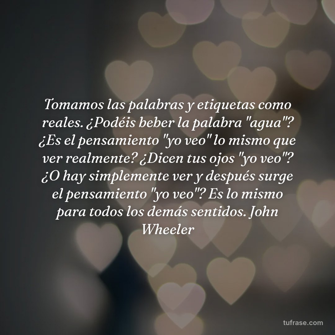 Tomamos las palabras y etiquetas como reales. ¿Podéis beber la palabra "agua"? ¿Es el pensamiento "yo veo" lo mismo que ver realmente? ¿Dicen tus ojos "yo veo"? ¿O hay simplemente ver y después surge el pensamiento "yo veo"? Es lo mismo para todos los demás sentidos. John Wheeler