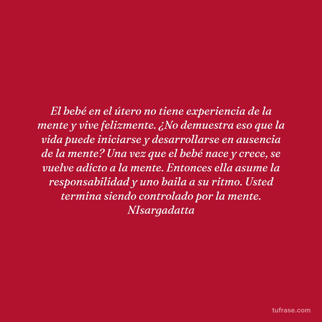 El bebé en el útero no tiene experiencia de la mente y vive felizmente. ¿No demuestra eso que la vida puede iniciarse y desarrollarse en ausencia de la mente? Una vez que el bebé nace y crece, se vuelve adicto a la mente. Entonces ella asume la responsabilidad y uno baila a su ritmo. Usted termina siendo controlado por la mente. NIsargadatta