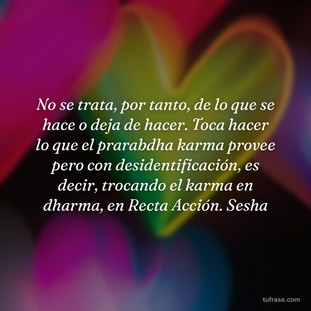 No se trata, por tanto, de lo que se hace o deja de hacer. Toca hacer lo que el prarabdha karma provee pero con desidentificación, es decir, trocando el karma en dharma, en Recta Acción. Sesha