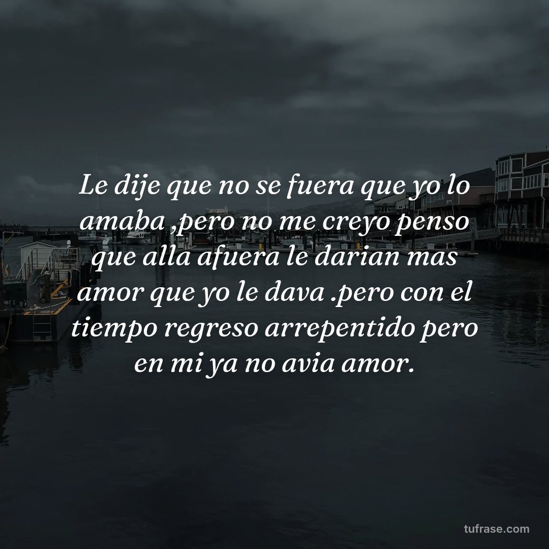 Le dije que no se fuera que yo lo amaba ,pero no me creyo penso que alla afuera le darian mas amor que yo le dava .pero con el tiempo regreso arrepentido pero en mi ya no avia amor.
