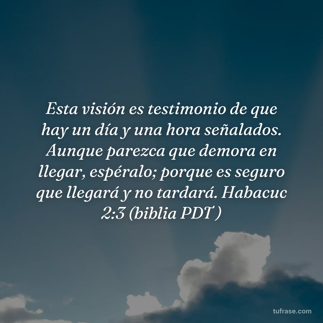 Esta visión es testimonio de que hay un día y una hora señalados. Aunque parezca que demora en llegar, espéralo; porque es seguro que llegará y no tardará. Habacuc 2:3 (biblia PDT )