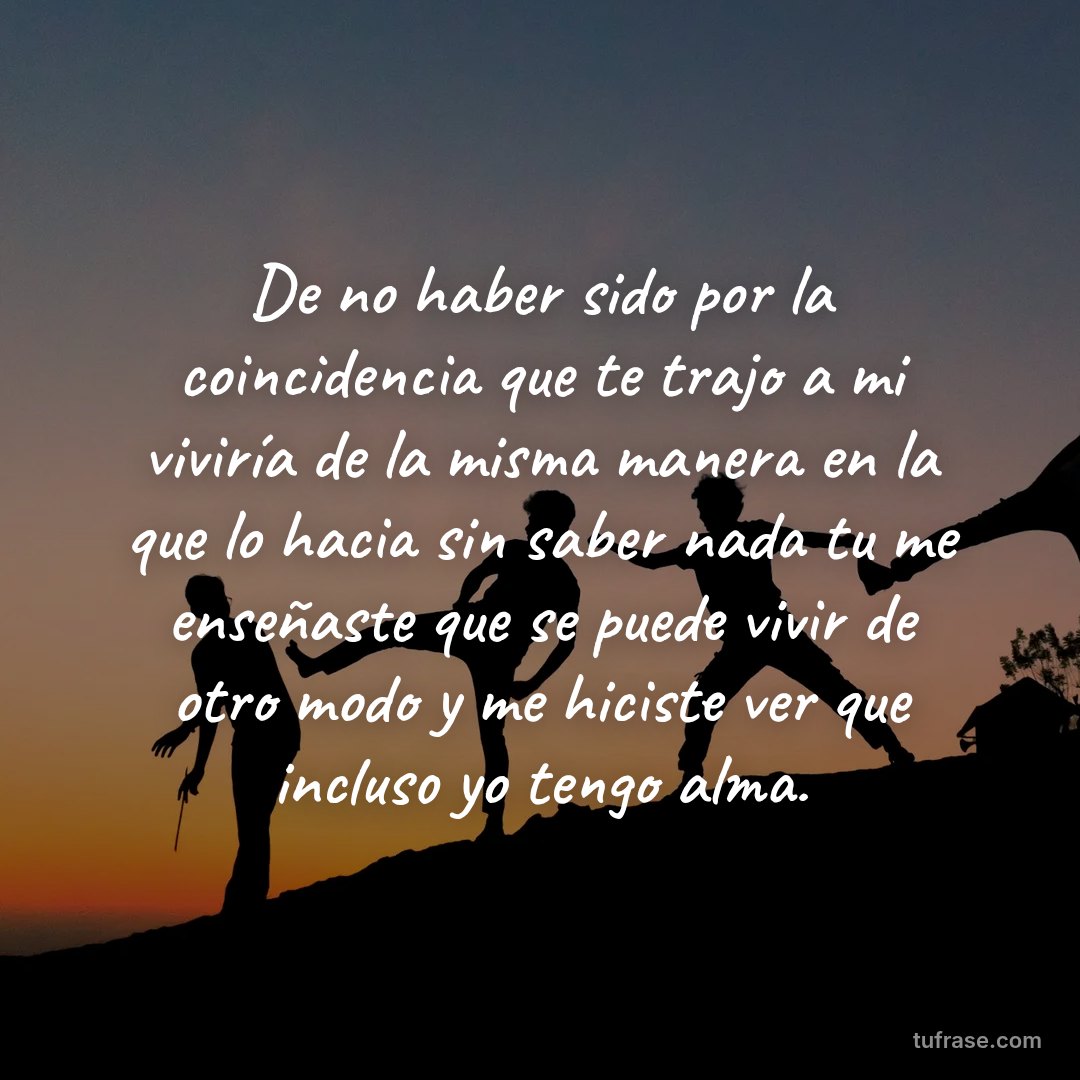 De no haber sido por la coincidencia que te trajo a mi viviría de la misma manera en la que lo hacia sin saber nada tu me enseñaste que se puede vivir de otro modo y me hiciste ver que incluso yo tengo alma.