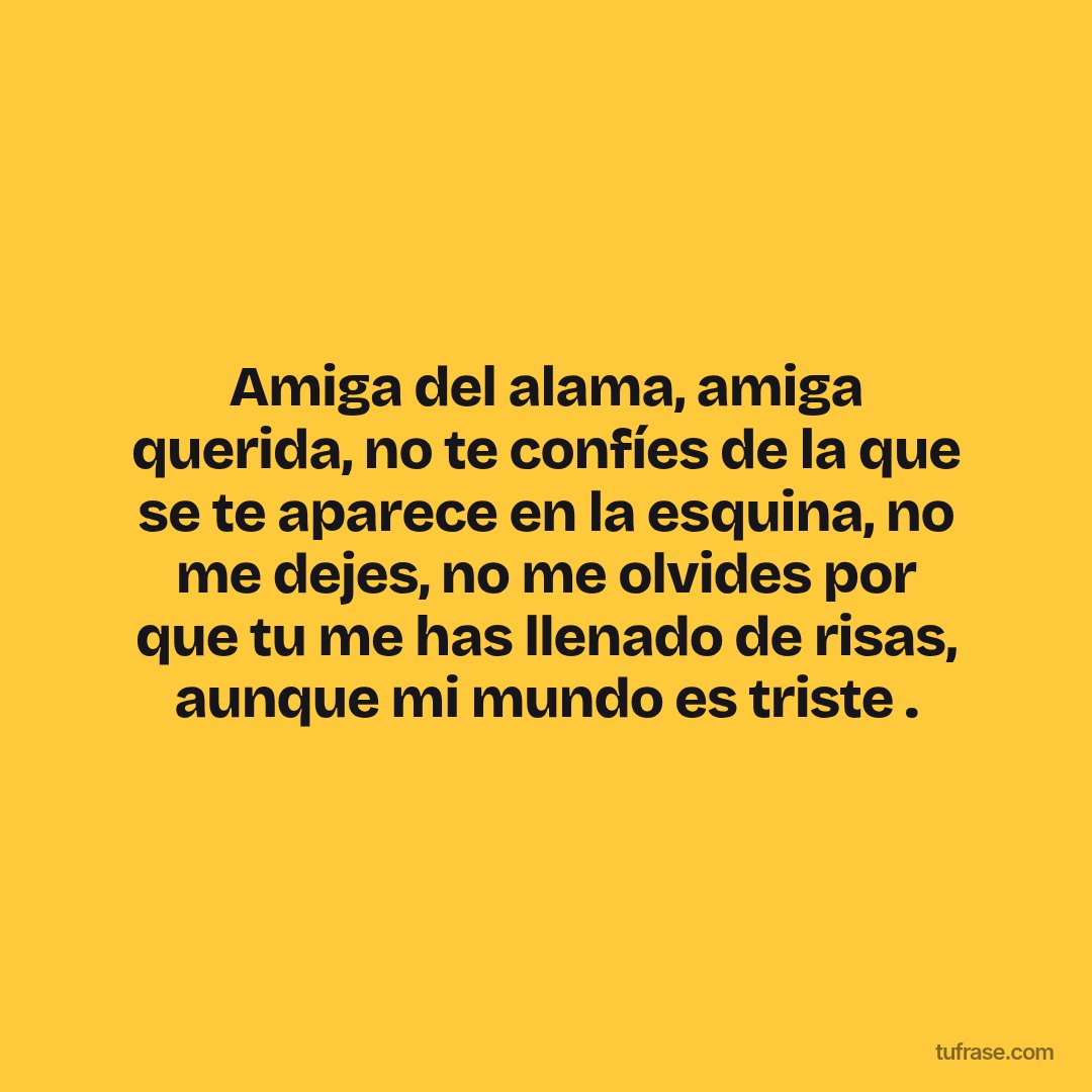 Amiga del alama, amiga querida, no te confíes de la que se te aparece en la esquina, no me dejes, no me olvides por que tu me has llenado de risas, aunque mi mundo es triste .