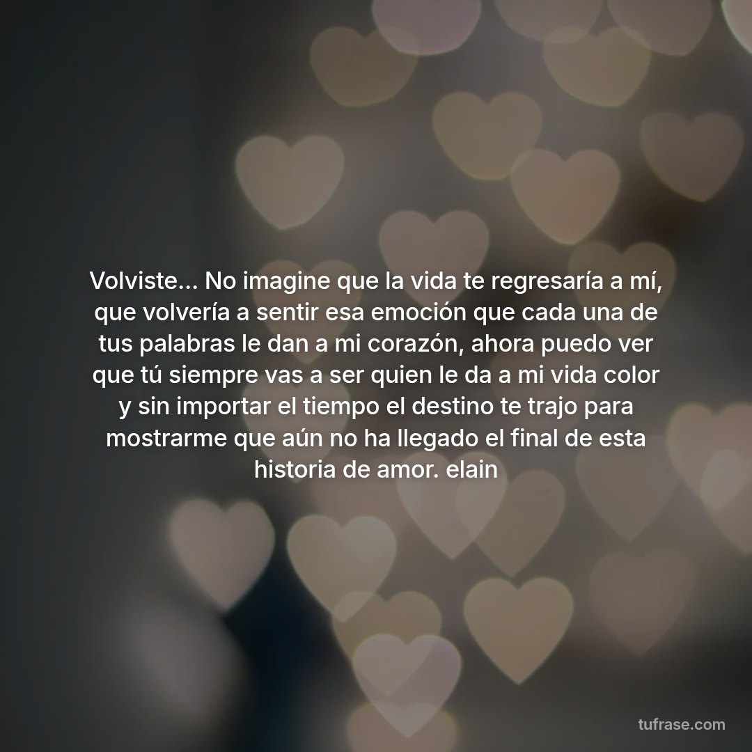Volviste... No imagine que la vida te regresaría a mí, que volvería a sentir esa emoción que cada una de tus palabras le dan a mi corazón, ahora puedo ver que tú siempre vas a ser quien le da a mi vida color y sin importar el tiempo el destino te trajo para mostrarme que aún no ha llegado el final de esta historia de amor. elain