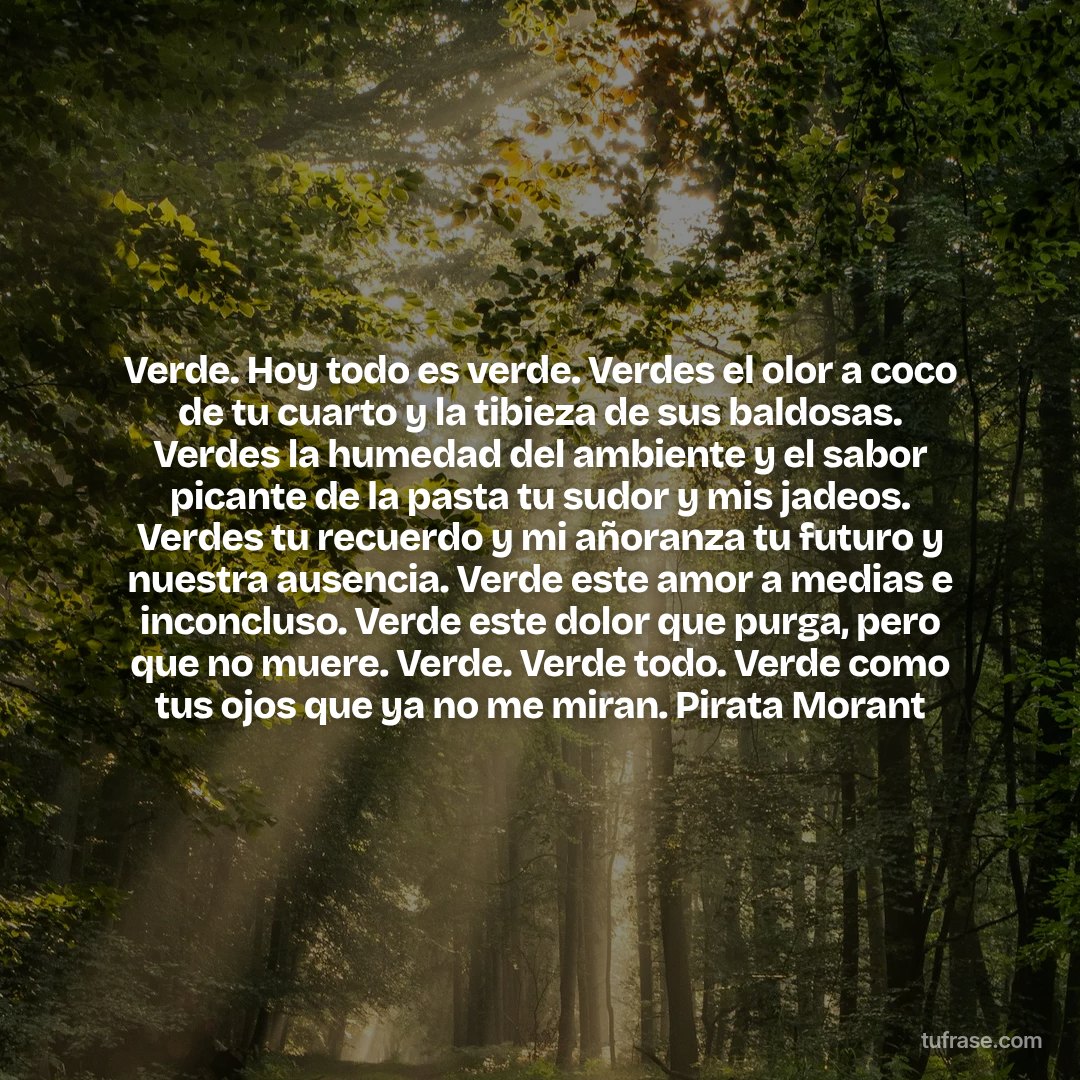 Verde. Hoy todo es verde. Verdes el olor a coco de tu cuarto y la tibieza de sus baldosas. Verdes la humedad del ambiente y el sabor picante de la pasta tu sudor y mis jadeos. Verdes tu recuerdo y mi añoranza tu futuro y nuestra ausencia. Verde este amor a medias e inconcluso. Verde este dolor que purga, pero que no muere. Verde. Verde todo. Verde como tus ojos que ya no me miran. Pirata Morant