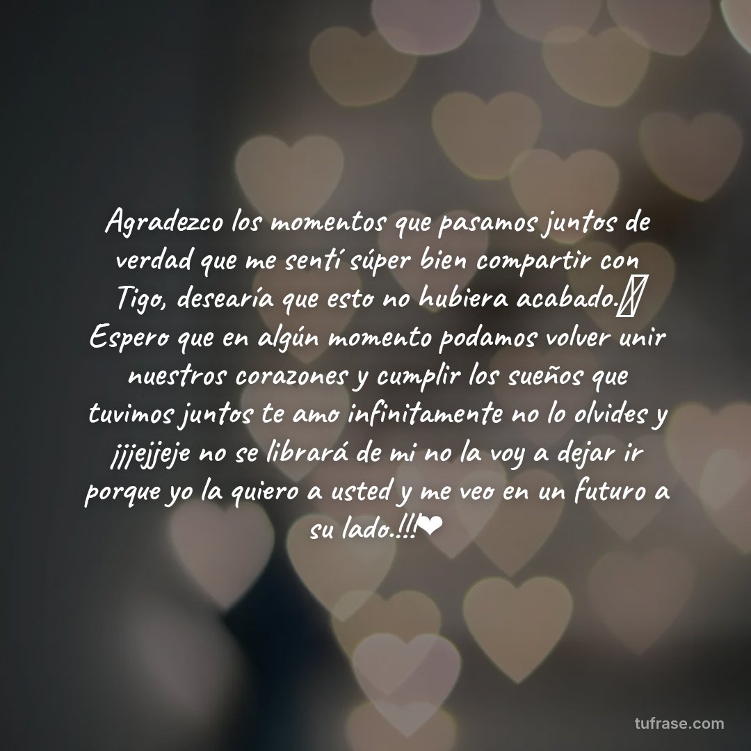 Agradezco los momentos que pasamos juntos de verdad que me sentí súper bien compartir con Tigo, desearía que esto no hubiera acabado.🥺 Espero que en algún momento podamos volver unir nuestros corazones y cumplir los sueños que tuvimos juntos te amo infinitamente no lo olvides y ¡¡¡ejjeje no se librará de mi no la voy a dejar ir porque yo la quiero a usted y me veo en un futuro a su lado.!!!❤️