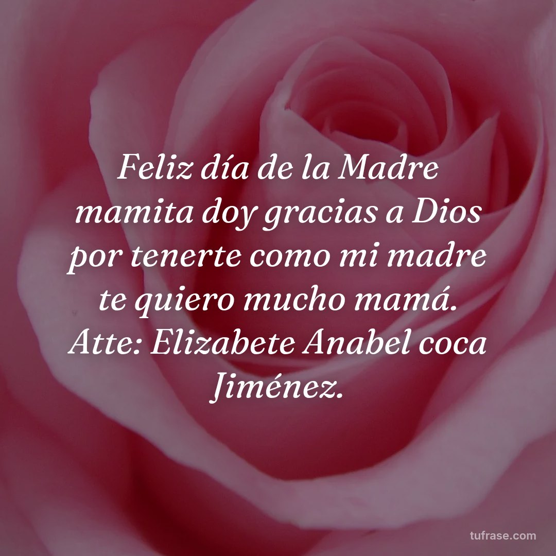 Feliz día de la Madre mamita doy gracias a Dios por tenerte como mi madre te quiero mucho mamá. Atte: Elizabete Anabel coca Jiménez.