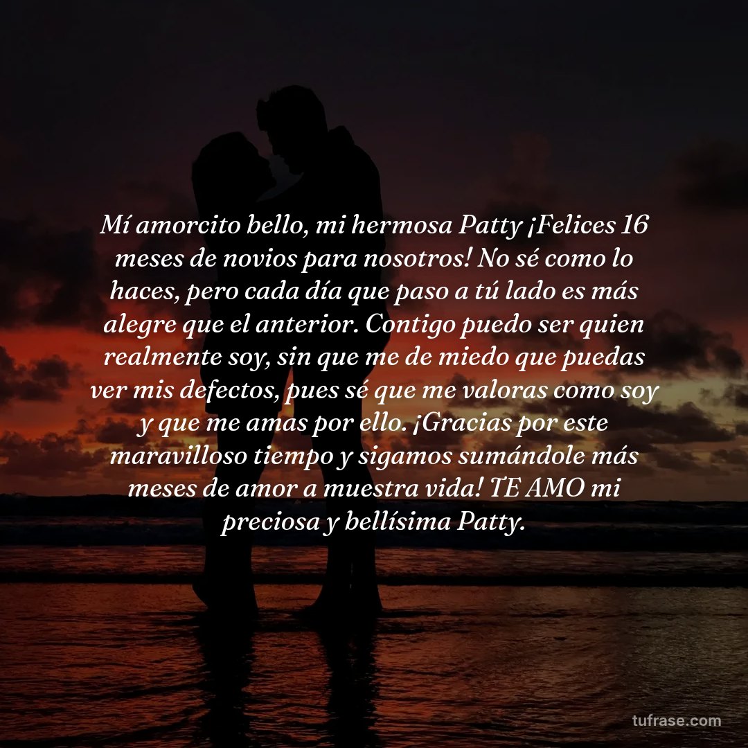 Mí amorcito bello, mi hermosa Patty ¡Felices 16 meses de novios para nosotros! No sé como lo haces, pero cada día que paso a tú lado es más alegre que el anterior. Contigo puedo ser quien realmente soy, sin que me de miedo que puedas ver mis defectos, pues sé que me valoras como soy y que me amas por ello. ¡Gracias por este maravilloso tiempo y sigamos sumándole más meses de amor a muestra vida! TE AMO mi preciosa y bellísima Patty.