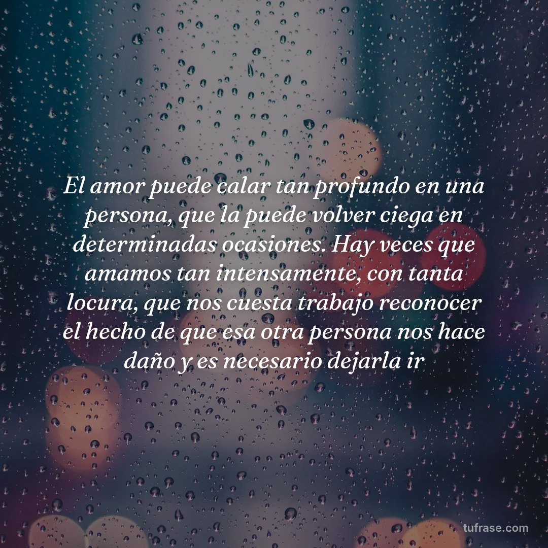 El amor puede calar tan profundo en una persona, que la puede volver ciega en determinadas ocasiones. Hay veces que amamos tan intensamente, con tanta locura, que nos cuesta trabajo reconocer el hecho de que esa otra persona nos hace daño y es necesario dejarla ir