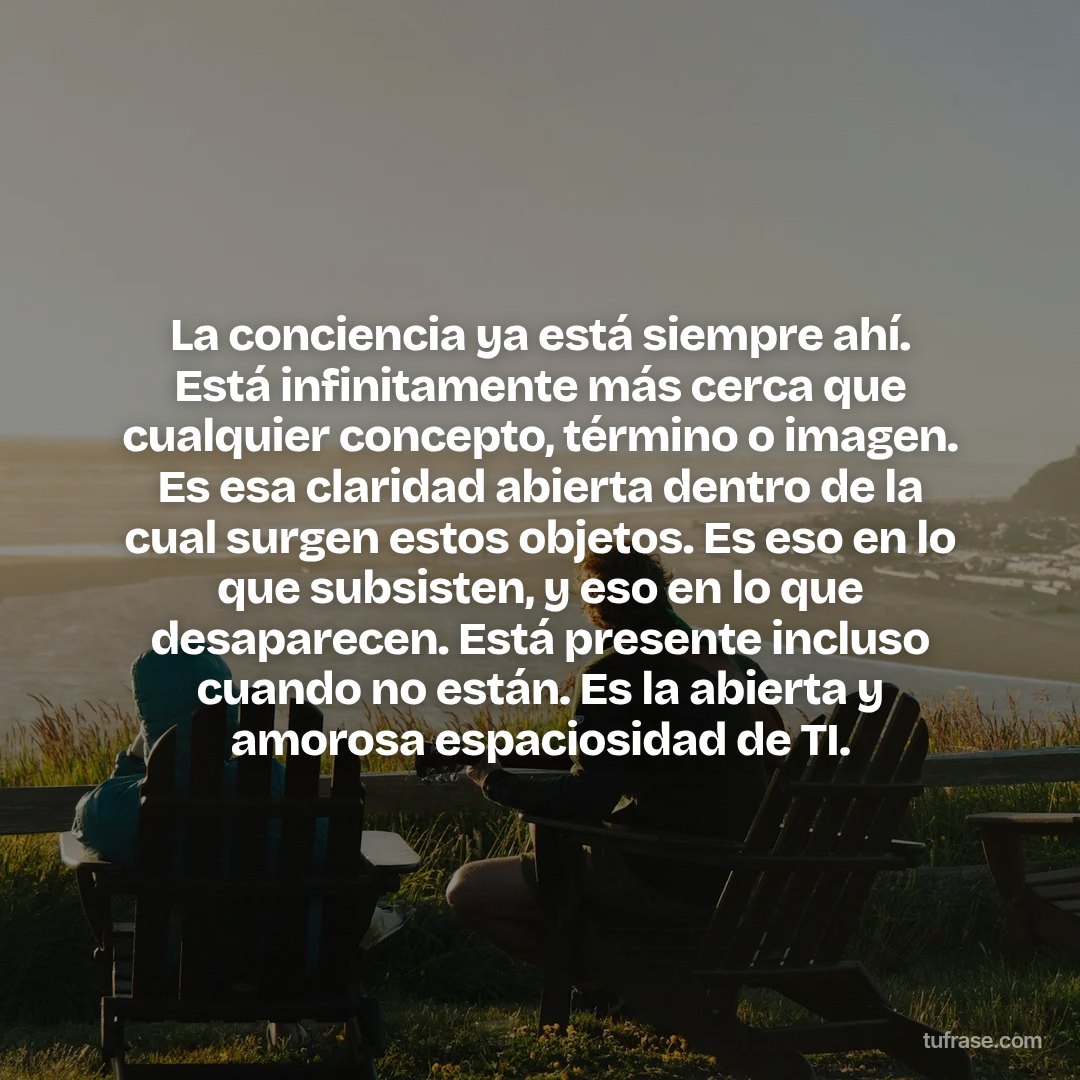 La conciencia ya está siempre ahí. Está infinitamente más cerca que cualquier concepto, término o imagen. Es esa claridad abierta dentro de la cual surgen estos objetos. Es eso en lo que subsisten, y eso en lo que desaparecen. Está presente incluso cuando no están. Es la abierta y amorosa espaciosidad de TI.