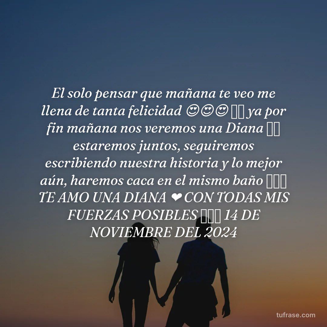 El solo pensar que mañana te veo me llena de tanta felicidad 😍😍😍 🥳🥳 ya por fin mañana nos veremos una Diana ✨⭐ estaremos juntos, seguiremos escribiendo nuestra historia y lo mejor aún, haremos caca en el mismo baño 💩✨⭐ TE AMO UNA DIANA ❤️ CON TODAS MIS FUERZAS POSIBLES 🤗🤗🤗 14 DE NOVIEMBRE DEL 2024